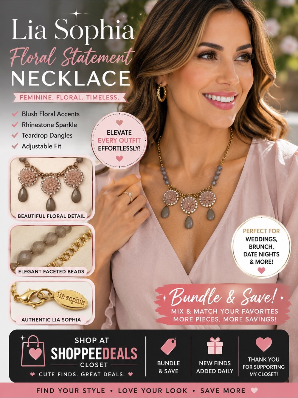 Lia Sophia Floral Statement Necklace Flower Rhinestone Teardrop Bib Necklace
